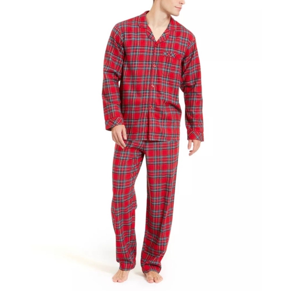 Men's Red Plaid Flannel Pajama Set Sleepwear 2 Piece Large Holiday Christmas